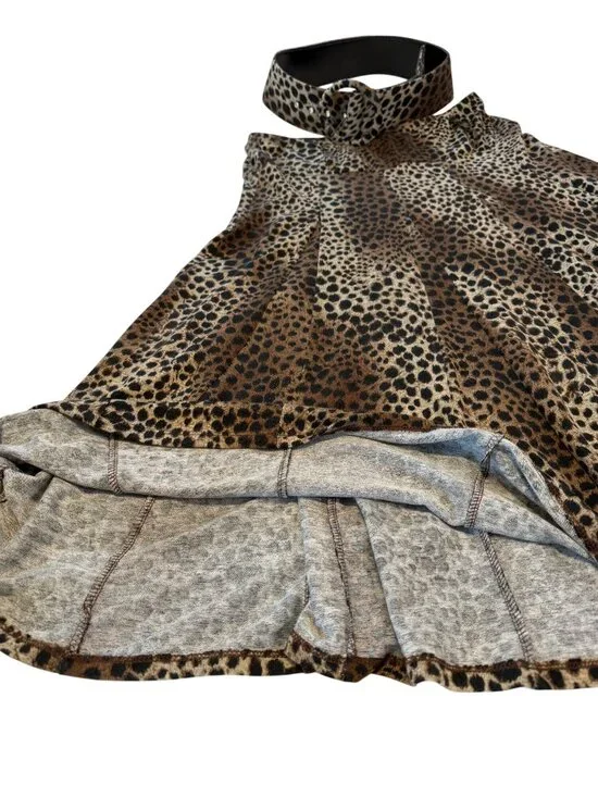 Lapis Leopard Print Swing Skirt With Belted Waist Polyester Stretchy Panel Size - Picture 2 of 12